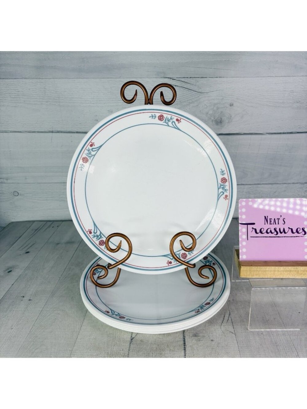 Corelle By Corning PRINSTON Pink Floral Blue Bands Vitrelle Dinner Plates Set 5